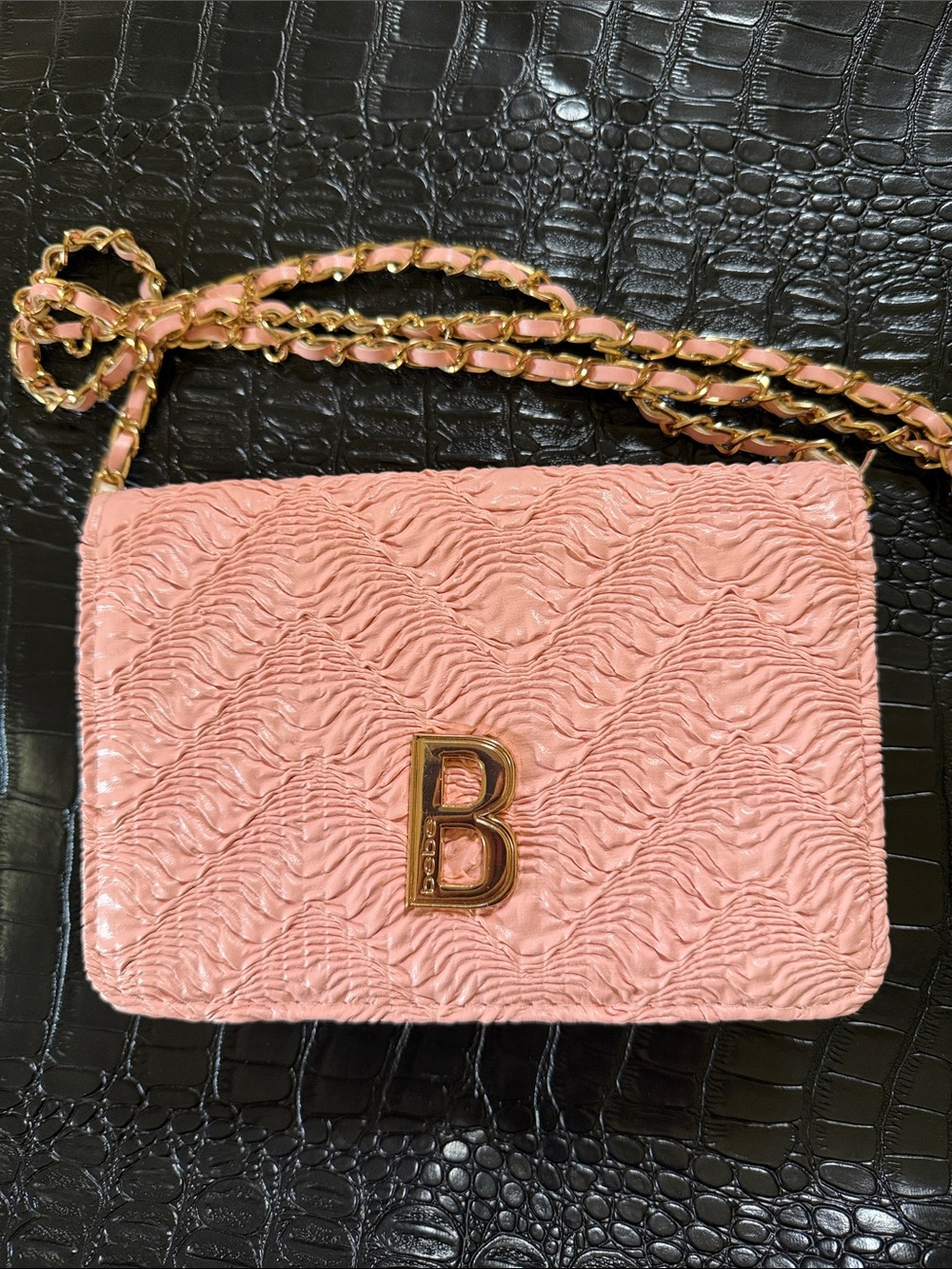 Bebe Pink Quilted Chain Crossbody Bag with Gold 'B' Logo
